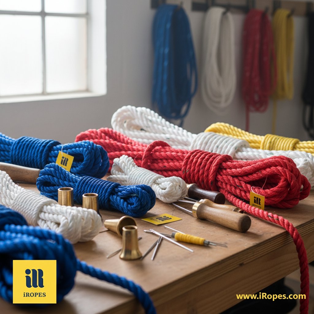 Tali nilon tiga helai kustom dalam berbagai warna dan diameter yang digulung di meja bengkel dengan thimble dan alat penyambungan di dekatnya, pencahayaan lembut menyoroti serat pelintir dan tag bermerek