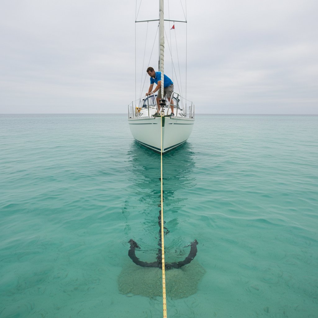 Сцена розгортання якоря з 8-прядковим плетеним тросом, що простягається від човна до дна, демонструючи стабільність без обертання та інтеграцію з лебідкою в морському середовищі під похмурим небом