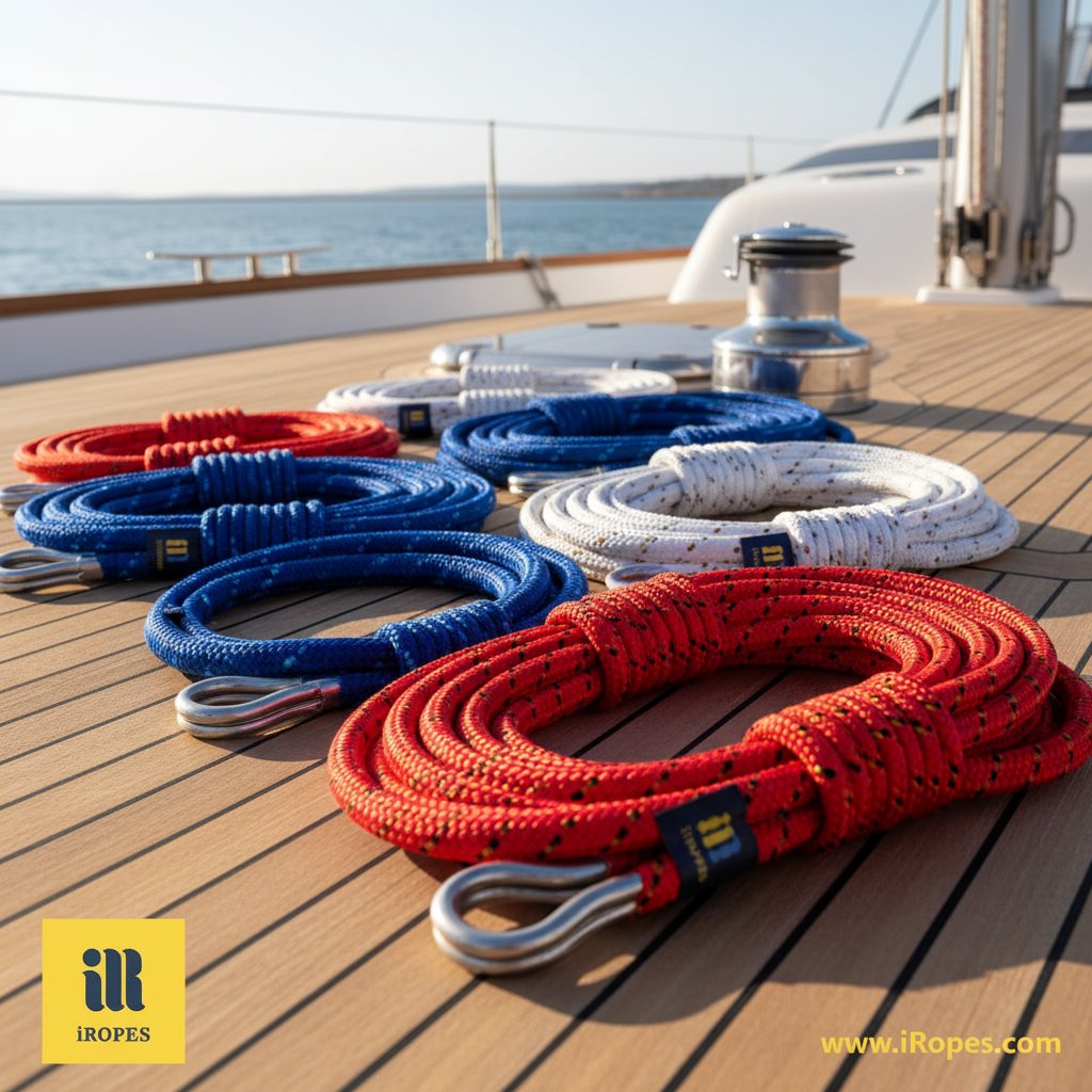 Різноманітність кастомізованих 8-прядкових плетених тросів з нейлону та поліестеру, представлених у різних діаметрах, кольорах та довжинах з аксесуарами, як-от чалки, змотаних на морській палубі під сонячним світлом, що підкреслює текстуру матеріалів та опції брендингу