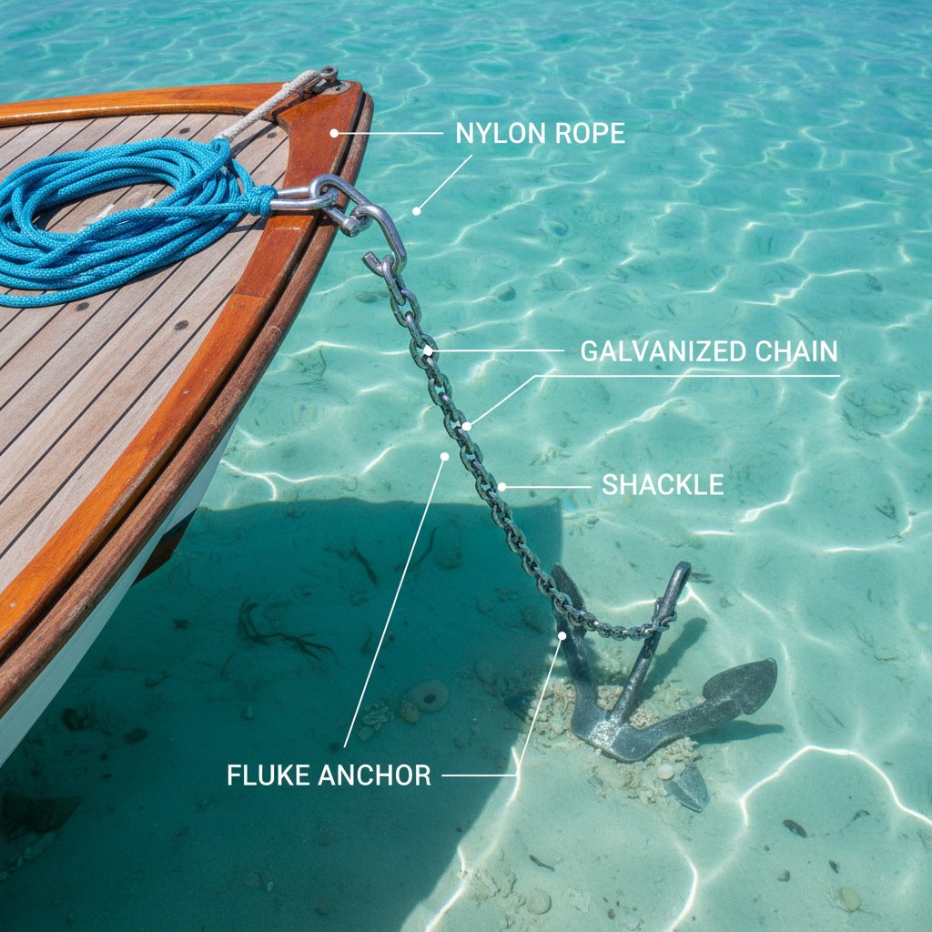 Diagram dat de componenten van een ankerlier toont, inclusief nylon lijn opgerold op dek, verbonden met gegalvaniseerde ketting en schakel die leidt naar een vlobanker op een zandbodem met duidelijke labels op elk onderdeel voor eenvoudige herkenning