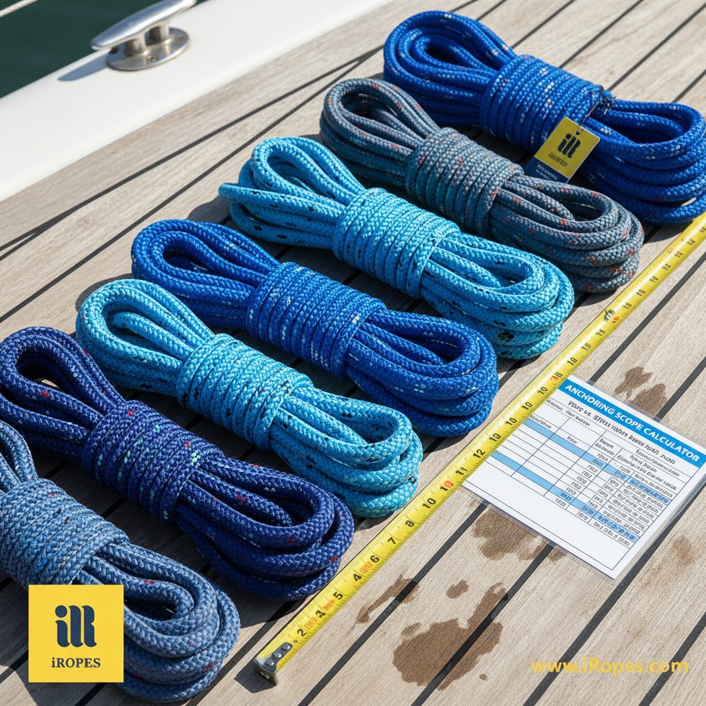 Close-up van opgerolde nylon ankerlijn op een bootdek naast een meetlint en bootlengte-tabel, met diameter variaties van 3/8 inch tot 5/8 inch in blauwe tinten tegen houten planken bij daglicht