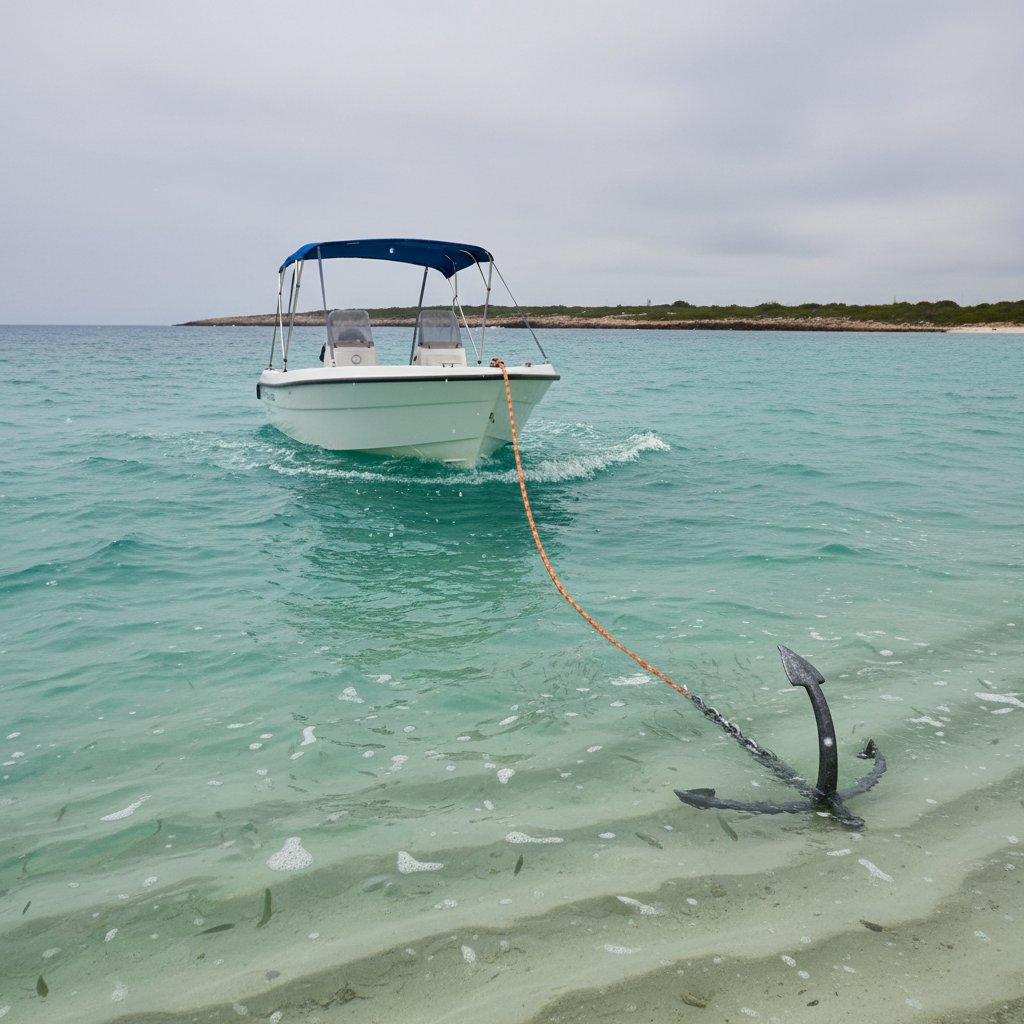 Boot op anker in woelig water met nylon ankerlier uitgezet naar een vlobanker begraven in zandbodem, met kettingboog en boeggeleider die de lijn stuurt onder bewolkte hemel met golven tegen de romp