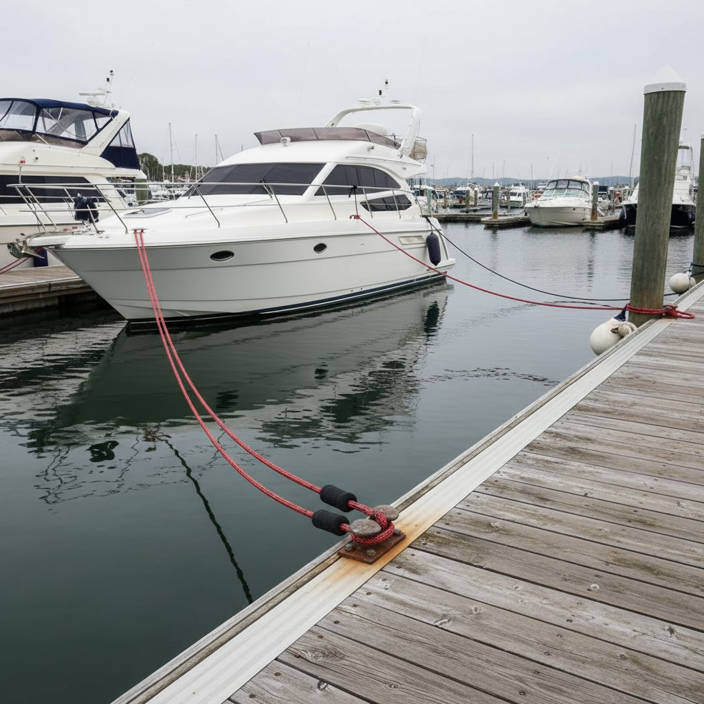 स्प्रिंग रस्सियों से सुरक्षित बंधा जहाज जो धनुष और पिछवाड़ा से तिरछी जेटी बिंदुओं तक, मध्य में लंबवत ब्रेस्ट रस्सियां, और बांधने वाली जेटी रस्सियों पर स्नबर्स लहर तनाव सोखते हुए शांत पानी और लकड़ी के खंभों वाली जेटी में बादलों भरे आकाश के तहत।