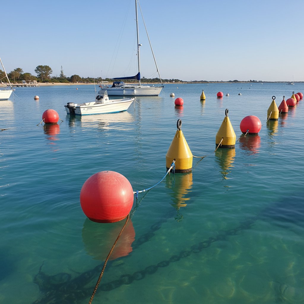 শান্ত জলে ভাসমান গোলাকার, টেপার্ড, আর সিলিন্ড্রিকাল শেপের বিভিন্ন মোরিং দড়ির বুয়ি, পেন্যান্ট দিয়ে জাহাজ সংযুক্ত, উজ্জ্বল রঙ আর শক্ত কনস্ট্রাকশন দেখানো সমুদ্রীয় দৃশ্যমানতা আর সুরক্ষিত বাঁধার জন্য