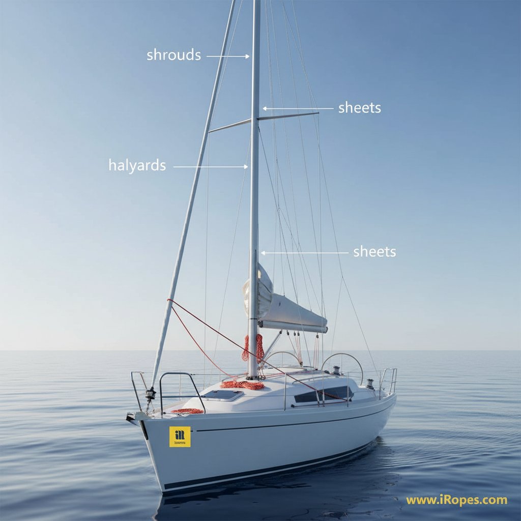 একটা পালতোলা নৌকায় পালের ব্যবস্থার অংশগুলোর ডায়াগ্রাম, যার মধ্যে স্থায়ী উপাদান যেমন শ্রাউড এবং স্টে মাস্তুলকে সমর্থন দেয়, এবং চলমান লাইন যেমন হ্যালিয়ার্ড এবং শীট পালের দিকে যায়, শান্ত সাগরের পটভূমিতে স্পষ্ট লেবেল সহ প্রত্যেক অংশের জন্য