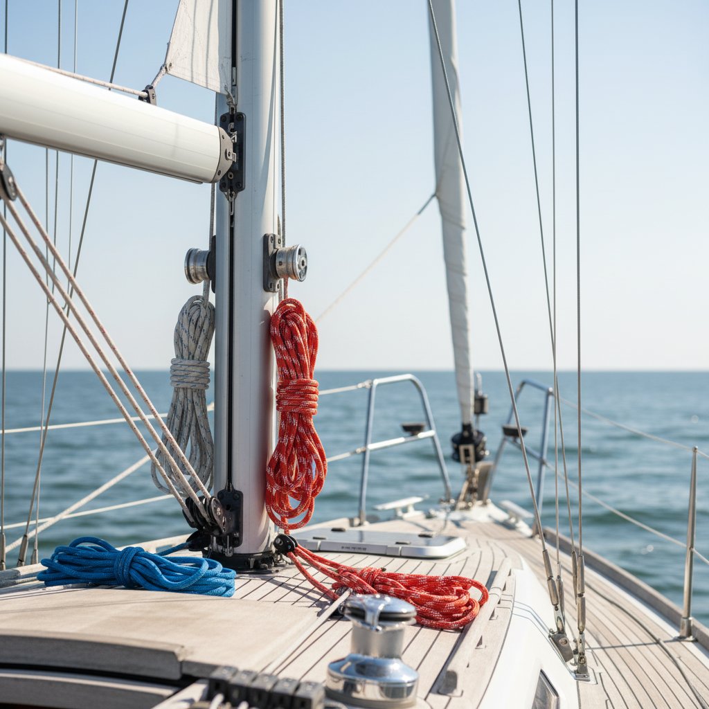 পালতোলা নৌকার ব্যবস্থার ক্লোজ-আপ বিবরণ যাতে স্থায়ী উপাদান যেমন টেনশন করা শ্রাউড এবং স্টে মাস্তুলে স্প্রেডার সহ, এবং ডেকে কয়েল করা রঙিন হ্যালিয়ার্ড এবং শীটের মতো চলমান লাইন, রোদেলা বন্দরের সেটিংয়ে হার্ডওয়্যার যেমন ব্লক এবং উইঞ্চ দৃশ্যমান