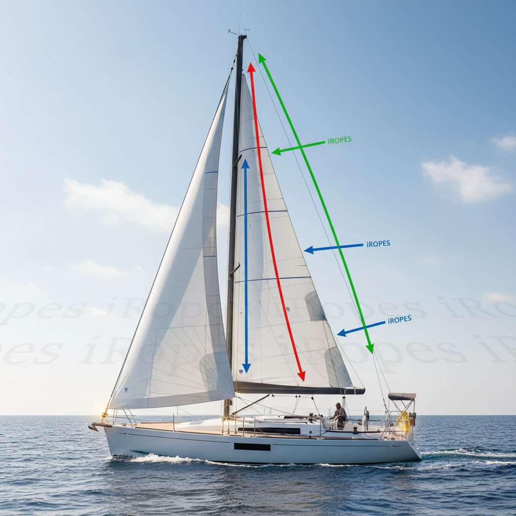 পালতোলা নৌকার ব্যবস্থায় লোড পথের চিত্রণ, পাল থেকে বলের তীর মাস্তুল চাপ, শ্রাউড পার্শ্বিক টান, এবং স্টে সামনে-পিছনে নড়াচড়া প্রতিরোধ করে, সাইড-ভিউ ডায়াগ্রামে হাইলাইট করা চাপের বিন্দু যেমন চেইনপ্লেট এবং টার্নবাকল মাঝারি বাতাসের অধীনে