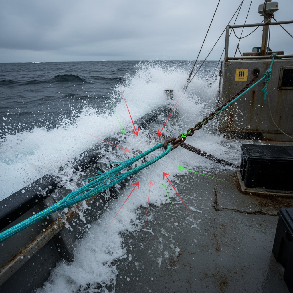 Diagrama close-up comparando resistência de ruptura e limite de carga de trabalho em um cabo de âncora de nylon sob tensão, mostrando um barco em mares agitados com vetores de força ilustrando pontos seguros versus falha, fibras de cabo azul se esticando contra uma corrente de âncora desgastada em ondas oceânicas tempestuosas.