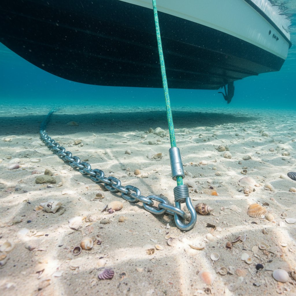 Ilustração de um sistema de fundeio de âncora com seção de corrente perto do fundo do mar protegendo o cabo de nylon da abrasão, mostrando um barco de 9 metros com 9 metros de corrente galvanizada Grau 40 conectada via olhal e grilhão em águas costeiras claras com fundo arenoso visível.