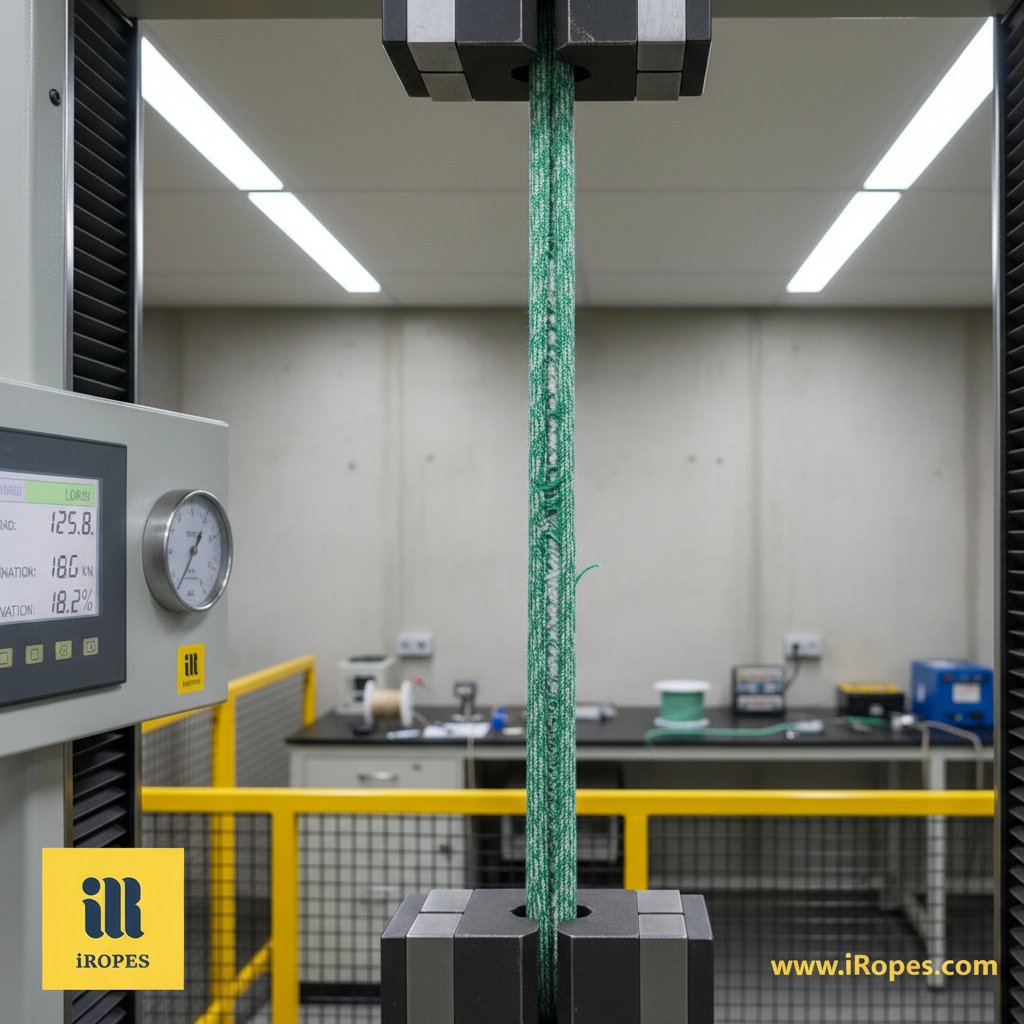 编织绳在测试机上拉伸的特写，纤维在实验室环境中承受负载，周围可见测量仪表和安全屏障