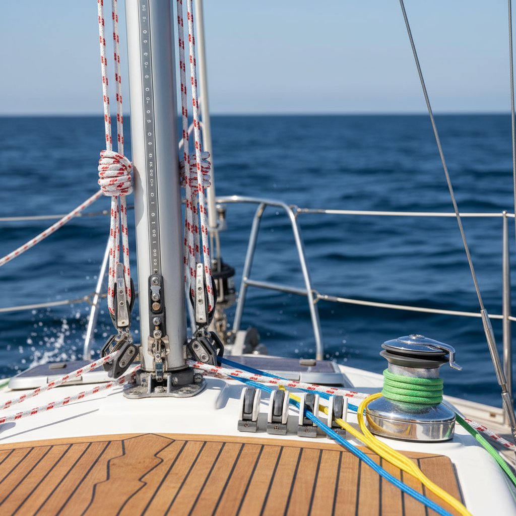 Close-up of sailboat running rigging with halyards routed through mast sheaves, sheets leading to cockpit winches, and control lines secured to clutches amid ocean waves