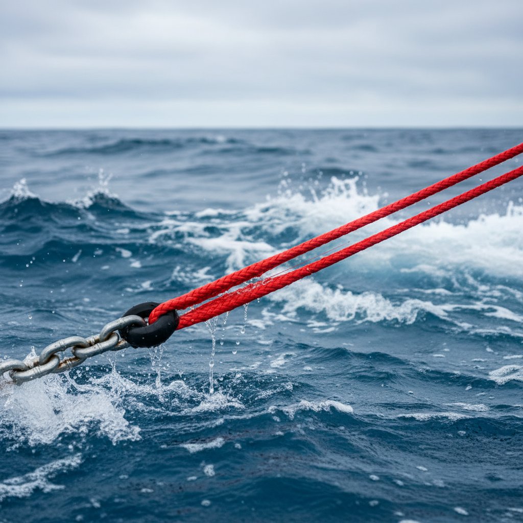 ঢেউ-উদ্ভূত চাপে প্রসারিত হওয়া একটি প্রসার্য অ্যাঙ্কর রশির ক্লোজ-আপ, নৌকার অ্যাঙ্কর সেটআপে নমনীয় নাইলন নির্মাণ দেখাচ্ছে, ঝড়ো নীল জলে এবং দূরের দিগন্তের মাঝে।