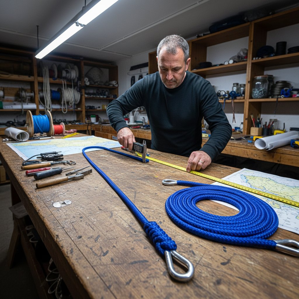 ওয়ার্কশপ টেবিলে ব্যাস এবং দৈর্ঘ্যের জন্য মাপা কাস্টম প্রসার্য অ্যাঙ্কর রশি, নৌকা নীল নাইলন ব্রেইডিং সহ থিম্বল এবং লুপ যুক্ত, ইয়টিং অ্যাপ্লিকেশনের জন্য সুনির্দিষ্ট উজ্জ্বল ওভারহেড লাইটের নিচে।