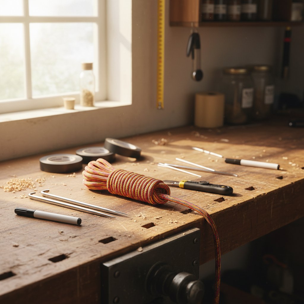 Асортимент інструментів для сплайсування, розкладених на дерев'яному верстаті, включаючи фіди різного розміру, голки, рулони стрічки, маркери та гострий ніж поряд із змотаною ділянкою плетеної нейлонової мотузки в природному освітленні для практичного вигляду підготовки