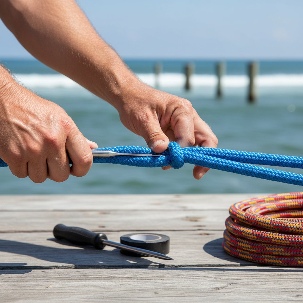 Руки виконують край-до-края сплайс на двох сегментах блакитної плетеної нейлонової швартовної мотузки, показуючи вирівнювання серцевини та заправку під морським сонячним світлом з інструментами поруч, ілюструючи гладке з'єднання для подовження яхти