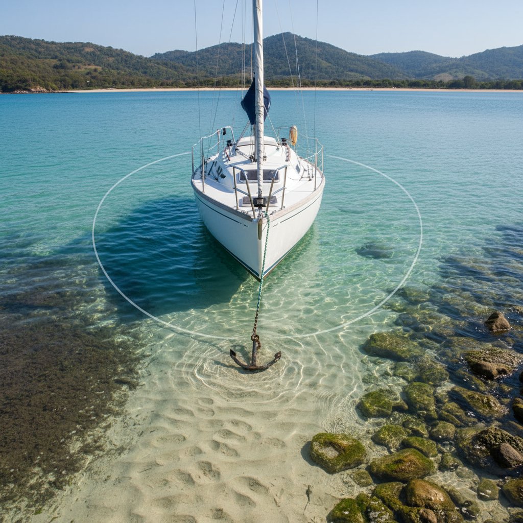 বিভিন্ন সমুদ্রতলের অবস্থায় নোঙর দেওয়া নৌকা যাতে কাদা, বালি এবং পাথুরে তলা দেখানো হয়েছে সুইং রেডিয়াস আর্ক এবং হাওয়া এবং স্রোতের মতো পরিবেশগত ফ্যাক্টর জাহাজের চারপাশে চিত্রিত