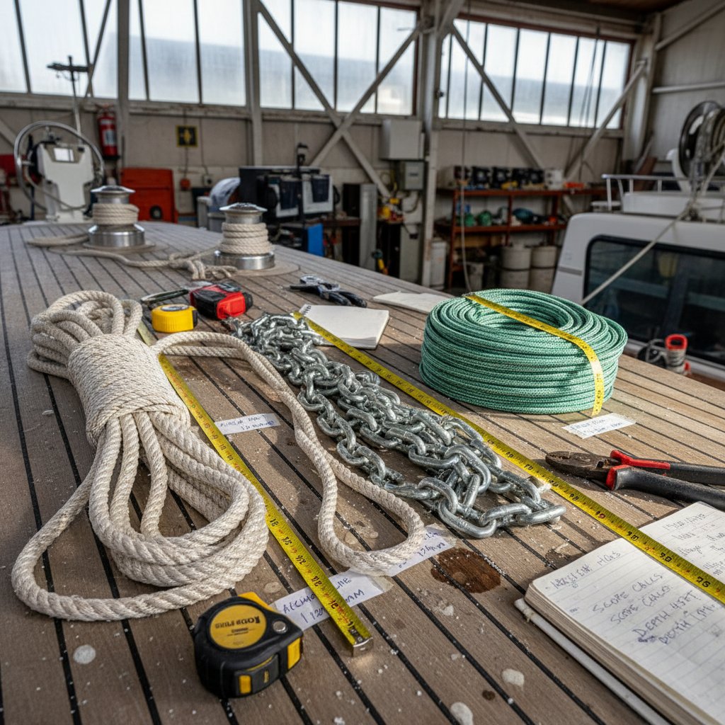 টুইস্টেড এবং ব্রেইডেড স্টাইলে নাইলন নোঙরের দড়ির ক্লোজ-আপ যা গ্যালভানাইজড BBB চেইনের পাশে কয়েল করা নৌকার ডেকে ব্যাস পরিমাপ এবং রক্ষণাবেক্ষণ টুলস দৃশ্যমান সমুদ্রীয় ওয়ার্কশপ সেটিংয়ে