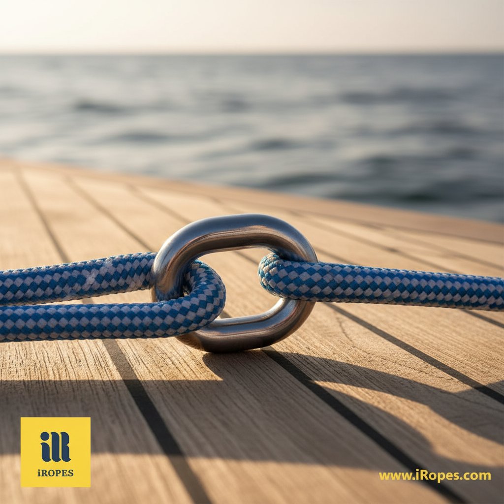 海事護圈插入尼龍繩眼接合的特寫，顯示平滑內曲線保護纖維免受船甲板上磨損，背景有海洋浪濤