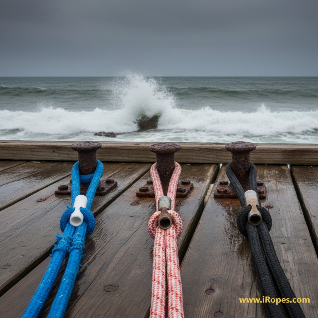 尼龍、鍍鋅鋼與不鏽鋼繫泊護圈並排插入風化碼頭上繩眼，尼龍無磨損跡象，金屬則有鏽斑，周邊浪濤拍擊