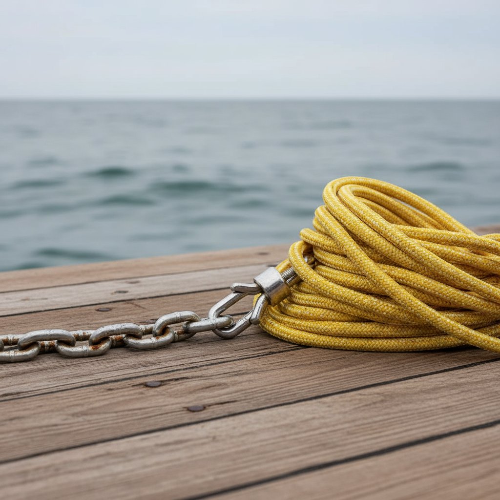 Pandangan dekat komponen tali jangkar termasuk tali nilon berpilin digulung di samping rantai galvanis pendek dan konektor borgol kokoh, diletakkan di dek kapal dengan ombak laut di latar belakang buram, menonjolkan tekstur kasar dan kilau logam untuk ketahanan.