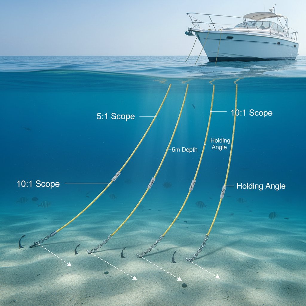 Diagram ilustrasi rasio scope jangkar dengan kapal labuh di air biru, tunjukkan garis tali miring untuk scope 5:1, 7:1, dan 10:1 dari dasar laut ke haluan, termasuk tanda kedalaman dan transisi rantai-tali untuk perbandingan visual sudut pegangan yang jelas.