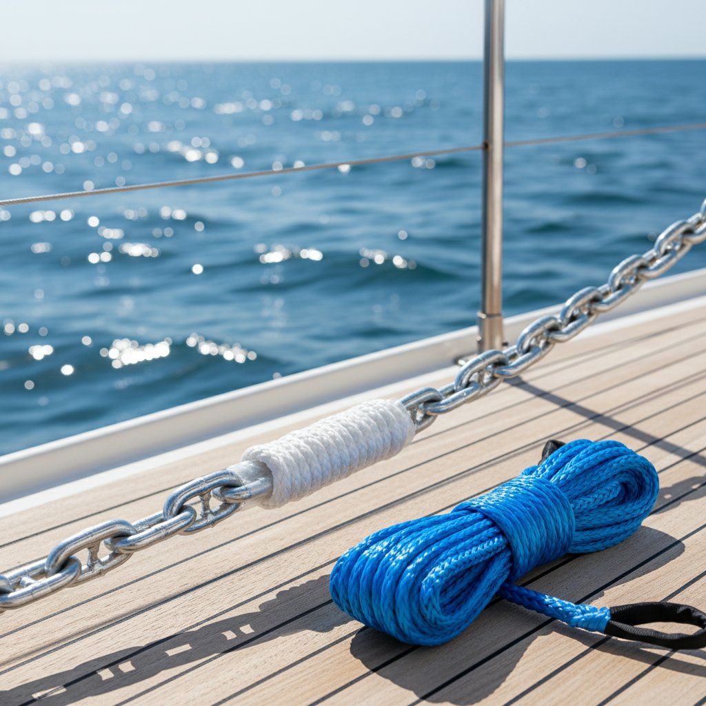 Vue rapprochée d'une épissure d'ancre bien exécutée reliant un cordage en nylon à une chaîne galvanisée sur fond d'océan bleu, montrant une intégration fluide sans bosses ni points faibles pour une force et une sécurité marines optimales.