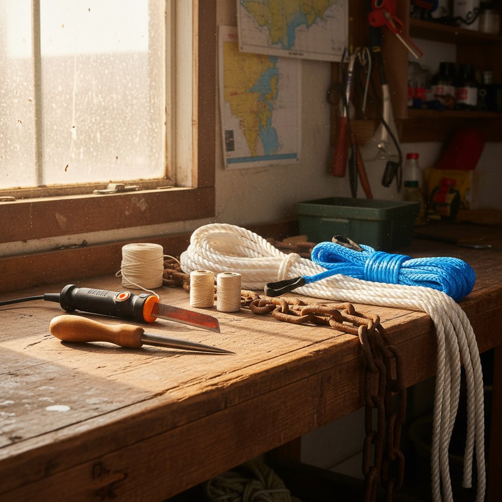 Assortiment d'outils d'épissage incluant une aiguille en bois, un pic en métal, un couteau chauffant et des bobines de filin de matelottage disposés sur un établi en bois près d'un cordage nylon 3 torons enroulé et de maillons de chaîne galvanisés, illustrant une préparation marine pratique dans un atelier ensoleillé.