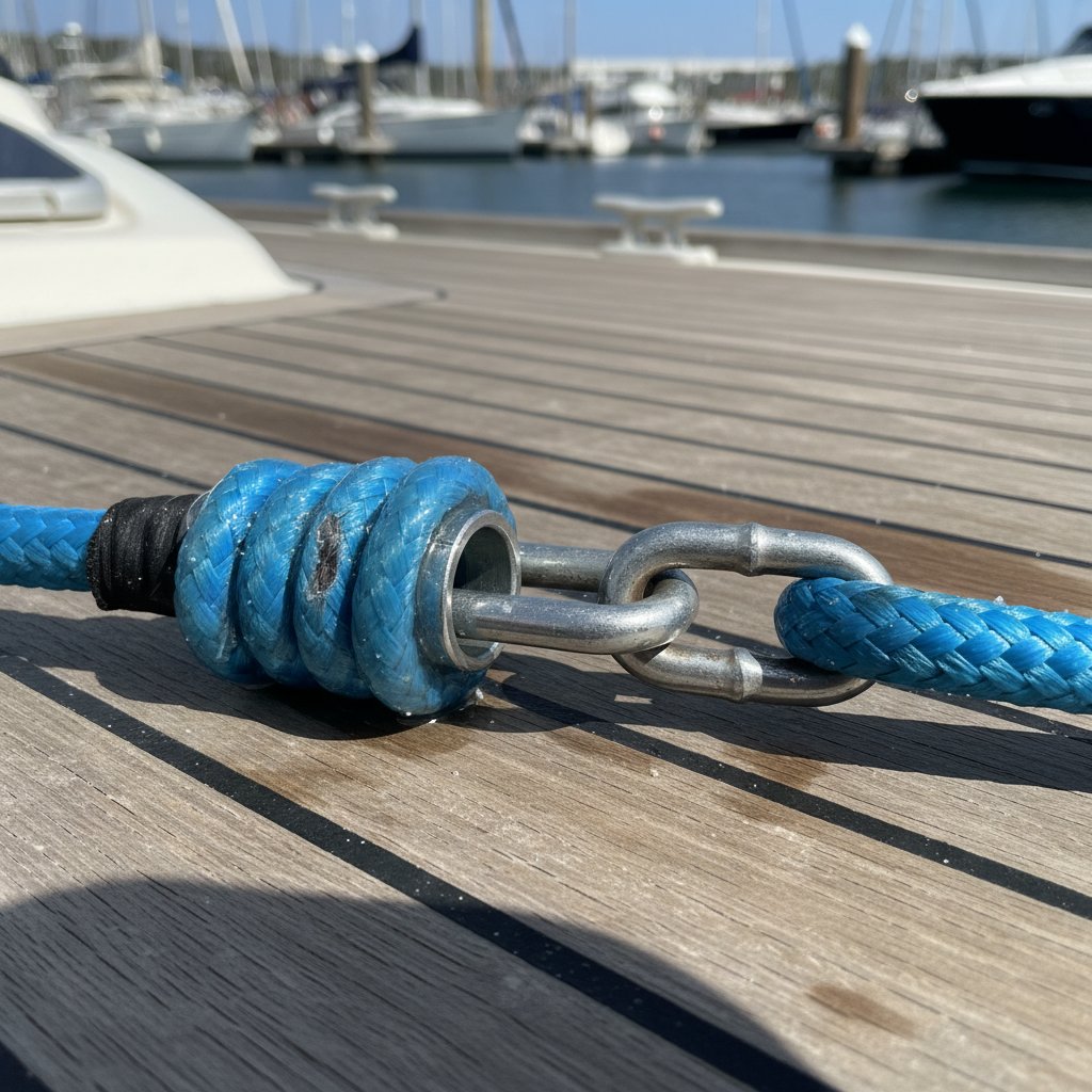 Examen rapproché d'une épissure d'ancre usée sur le pont d'un yacht, révélant une légère usure par frottement près du maillon de chaîne avec scellant protecteur appliqué, sur fond de marina salée sous un soleil harsh, démontrant le besoin de maintenance marine continue.