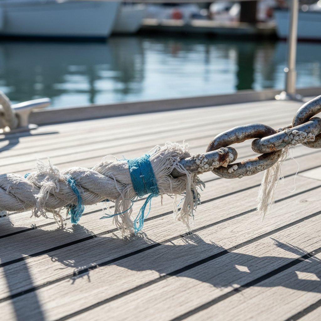 Close-up dari penyambungan tali jangkar ke rantai yang berjumbai menunjukkan untai lepas dan mata rantai di bawah tekanan, dengan tanda aus dari paparan air asin di lingkungan laut.