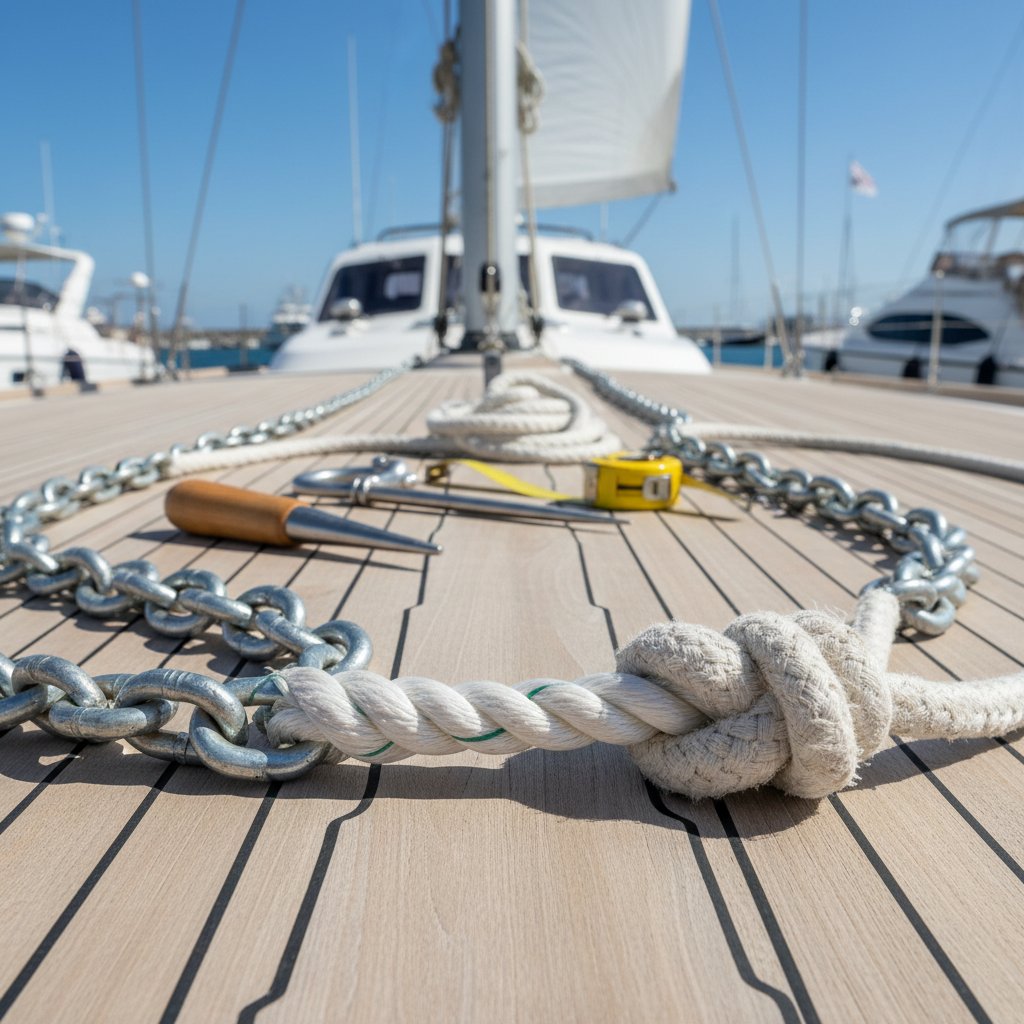 Perbandingan penyambungan tali 8 anyam ke rantai versus sambungan simpul, tunjukkan integrasi mulus dan titik inspeksi aus di geladak perahu dengan alat di dekatnya, di bawah cahaya siang jelas.