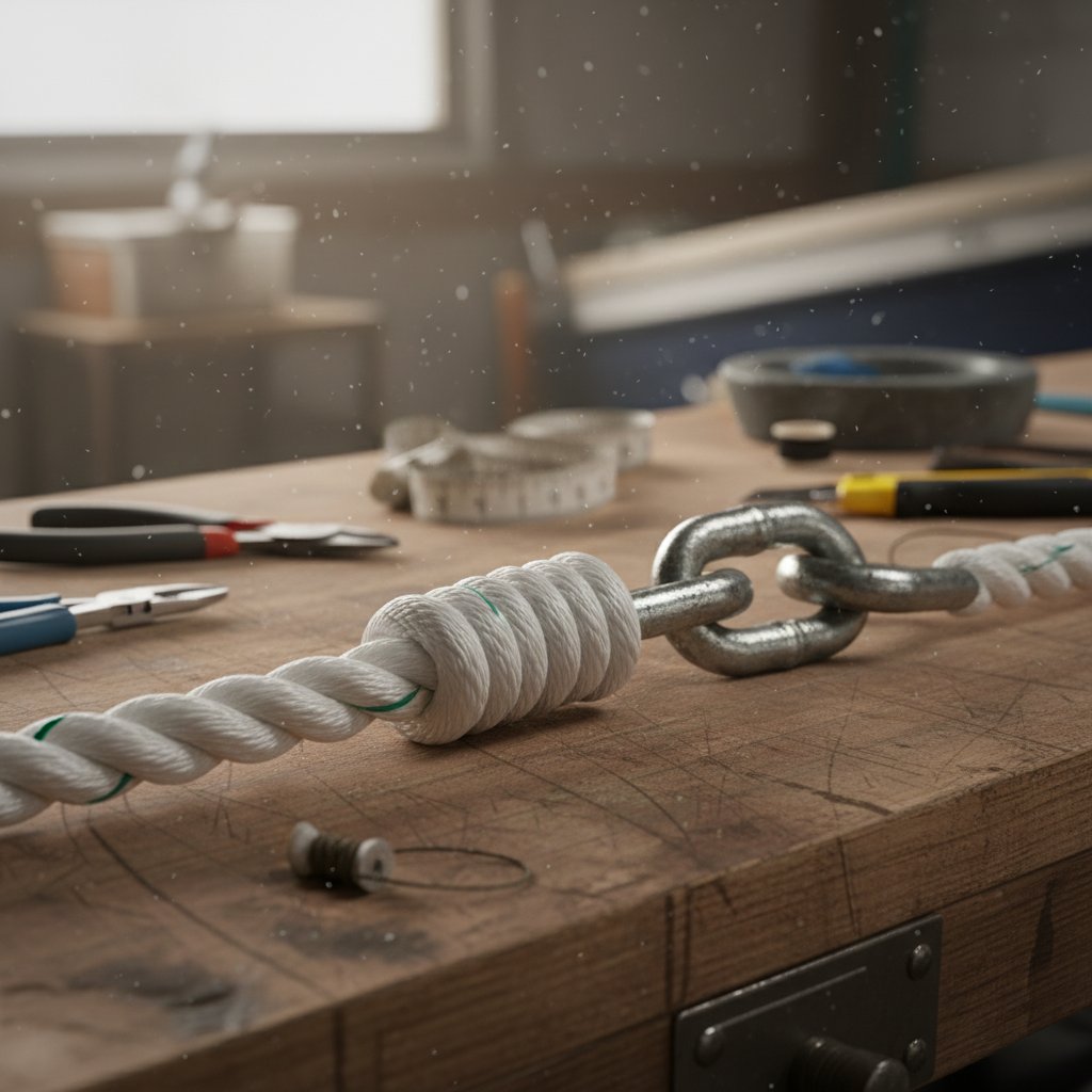 Primo piano di una cima a 3 filoni in nylon intrecciata in modo sicuro a una maglia di catena d'ancora galvanizzata, che mostra un'integrazione fluida senza rigonfiamenti, in un'officina marina con attrezzi vicini