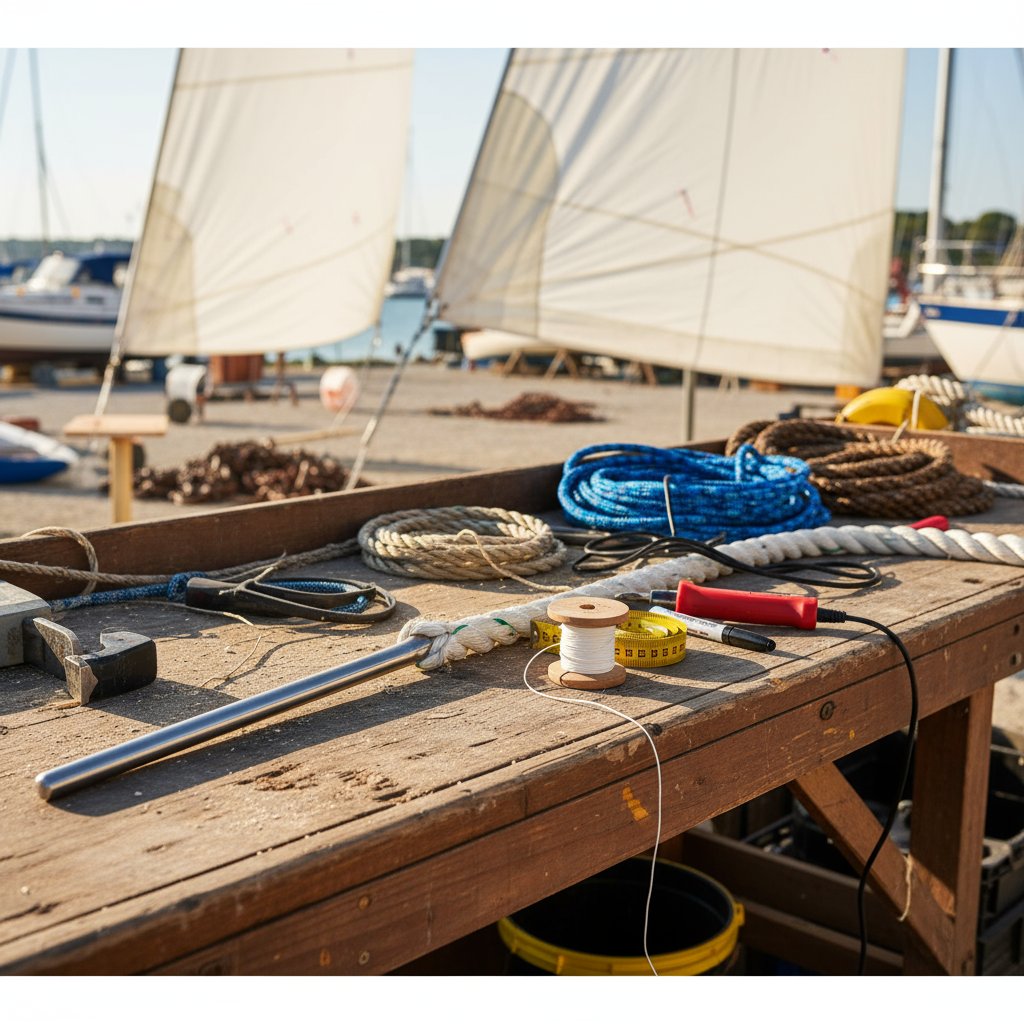 Assortimento di attrezzi per intrecci: un fid in acciaio inox, coltello termico con manico rosso, metro a nastro arrotolato, pennarello nero e rocchetto di spago da ritempratura bianco disposti su una panca di legno in un cantiere nautico con coil di cime sullo sfondo