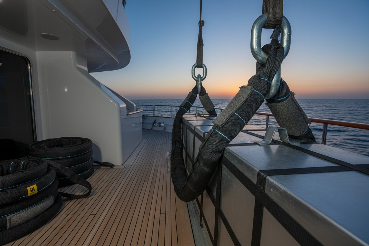 Sling bundar poliester kustom sedang digunakan di dek kapal pesiar dengan bantalan aus lindungi dari tepi tajam, elemen reflektif bersinar saat senja, dan gandeng kompatibel terpasang, dikelilingi ombak laut dan gulungan penyimpanan di area teduh