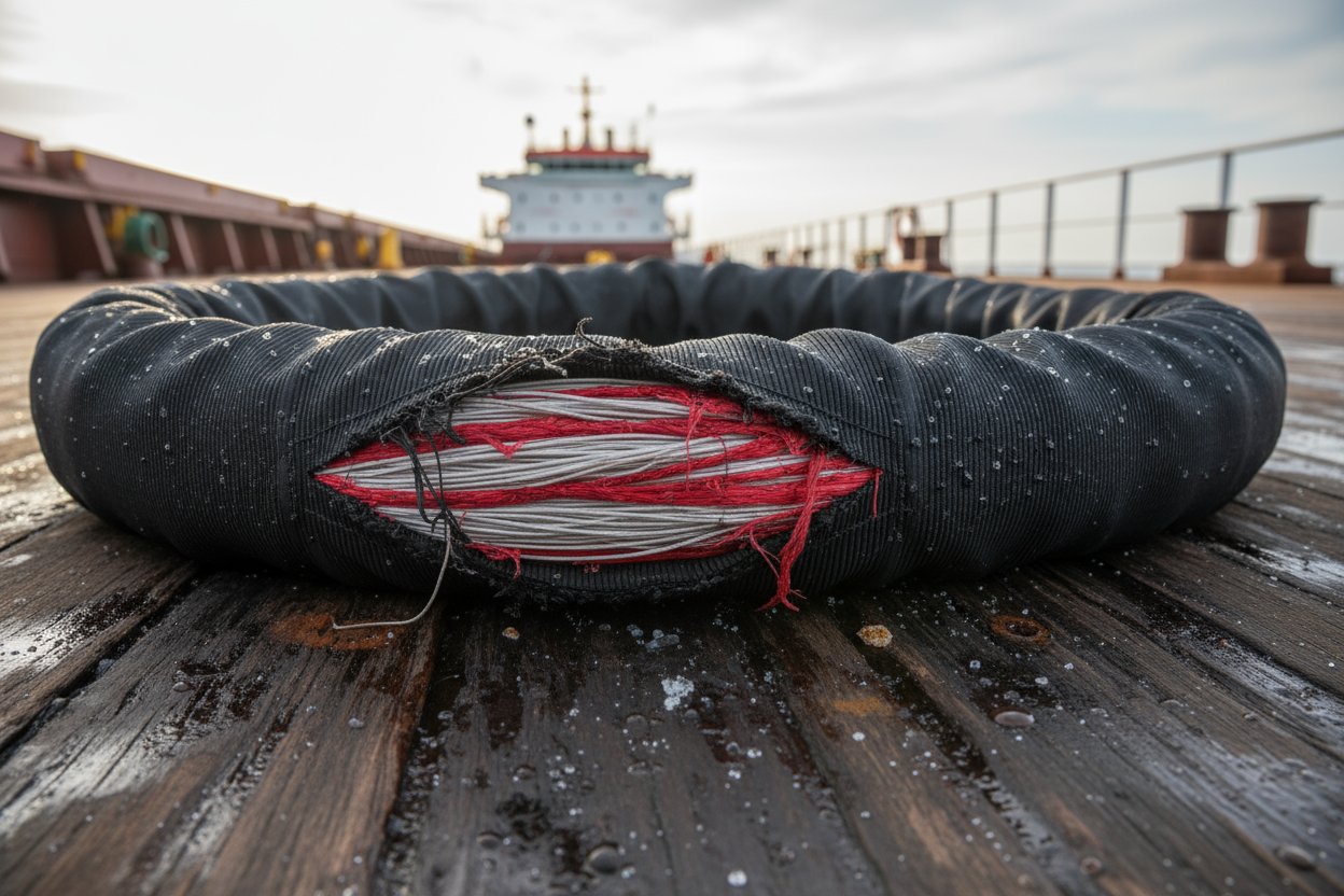 Крупний план поліестерової круглої стропи, що показує виткану оболонку, приховані нитки сердечника та червоні попереджувальні індикатори, оголені порізом, на тлі солоного морського палубного покриття з краплями води, що підкреслюють ризики впливу.