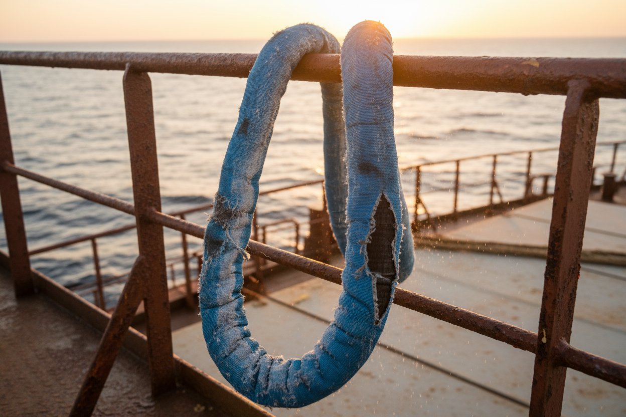 Зношена поліестерова кругла стропа, що лежить на іржавому морському поручні, показує вицвілі кольори, волокна, обростаючі сіллю, та раннє стирання оболонки від океанського бризку й постійного руху.