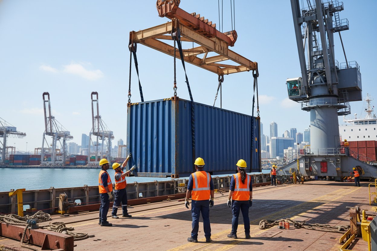 货船甲板上船员使用聚酯网状吊索在框架系统中起吊蓝色ISO集装箱，分配器连接并显示平衡负载，港口背景