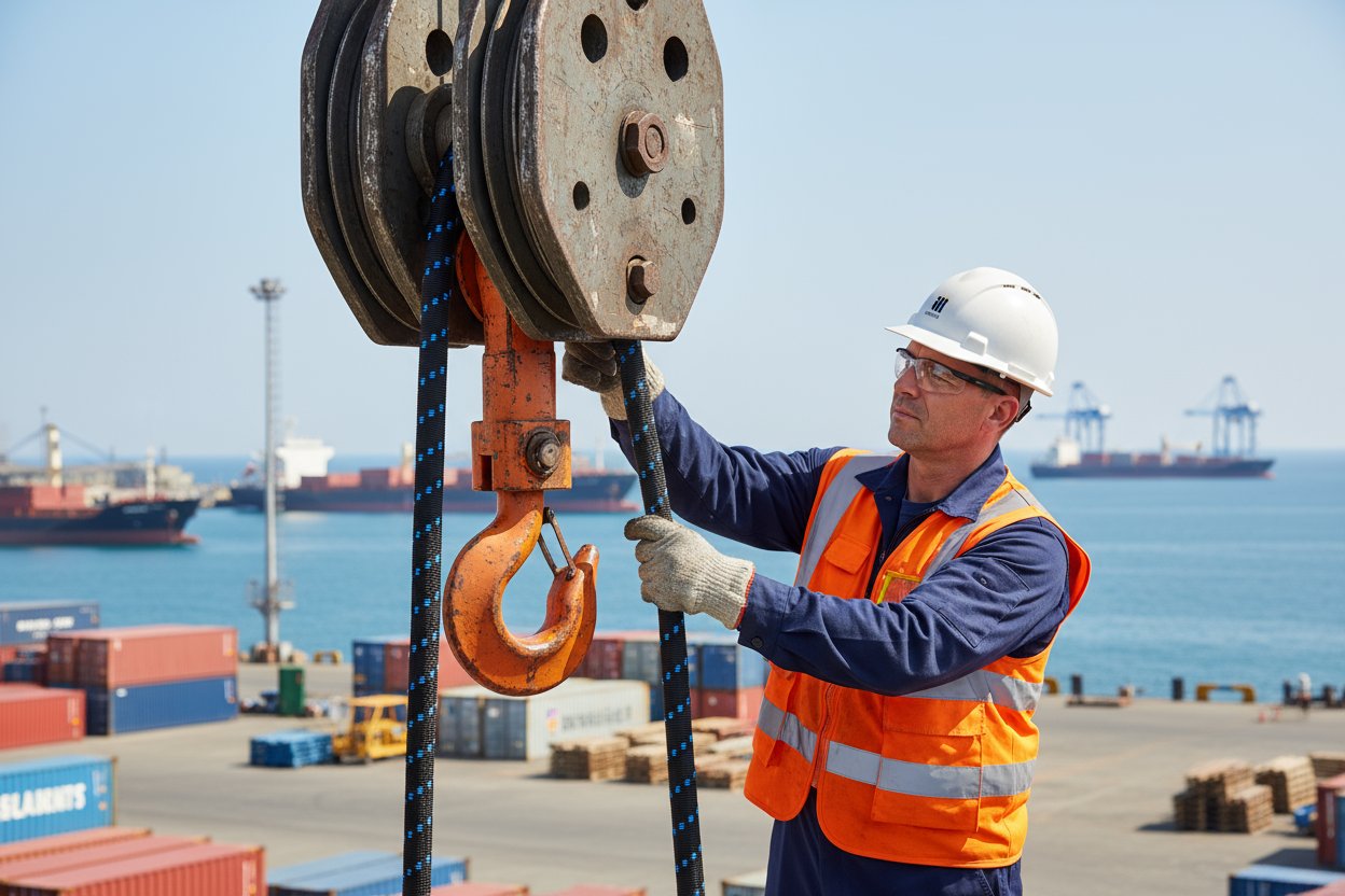 Crane operator carefully reeving a durable fiber rope sling through pulleys on a marine crane, highlighting smooth threading amid coastal backdrop with visible load block and hook