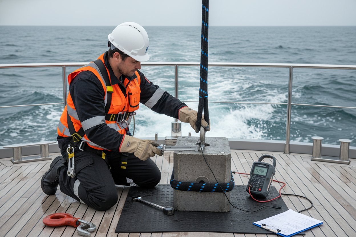 技師在遊艇上對合成起重吊索進行負荷測試，測量工具和安全裝備可見，背景是洶湧大海