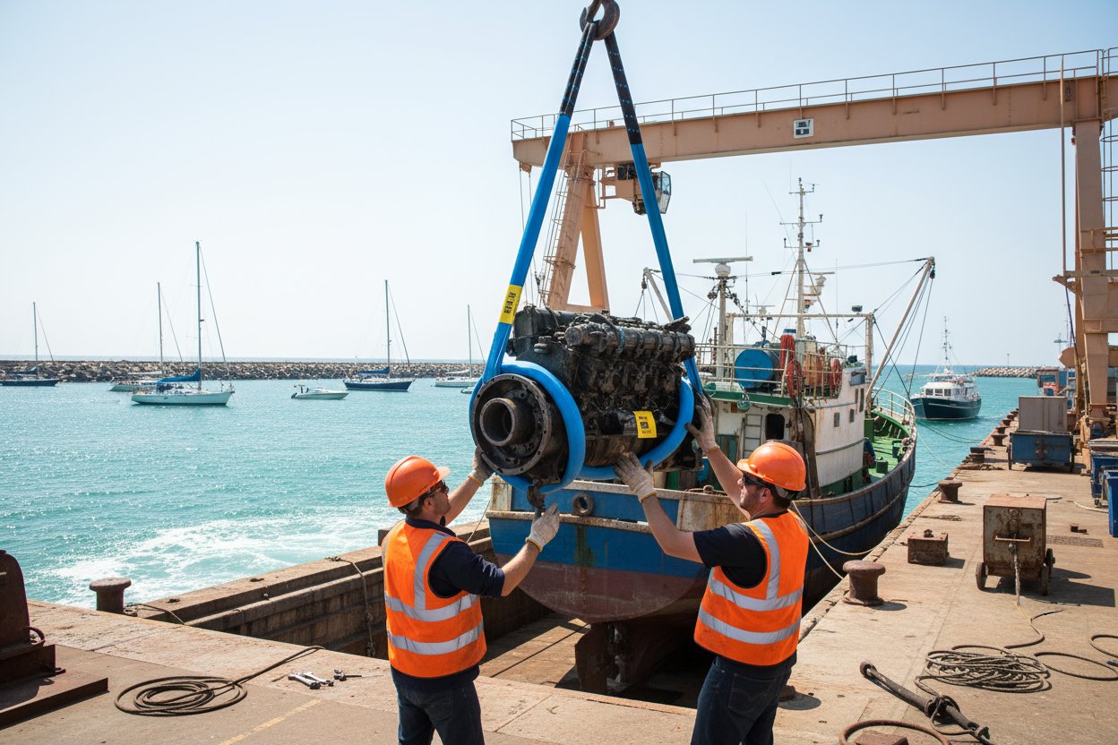 Una eslinga redonda sintética elevando un componente de barco en un entorno marino, mostrando material ligero con peso propio mínimo, tonos azules contra olas del océano para visibilidad y seguridad