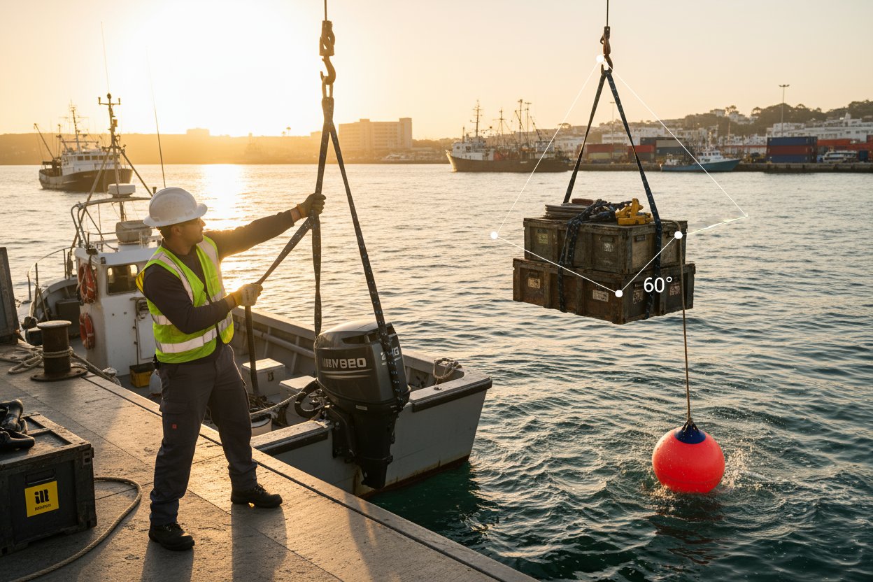 Diagrama de tipos de amarre de eslinga en un escenario de elevación marina, incluyendo tracción vertical directa en un motor de barco, estrangulador alrededor de una boya en olas del océano, y canasta soportando múltiples elementos offshore con indicadores de ángulo