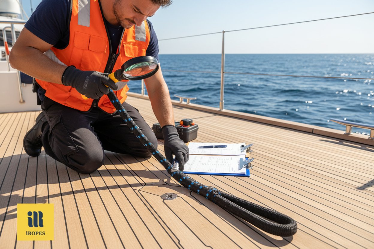 Técnico inspeccionando una eslinga sintética en la cubierta de un yate, revisando desgaste y marcas de rozadura bajo la luz del sol con herramientas cerca, horizonte oceánico de fondo enfatizando durabilidad marina