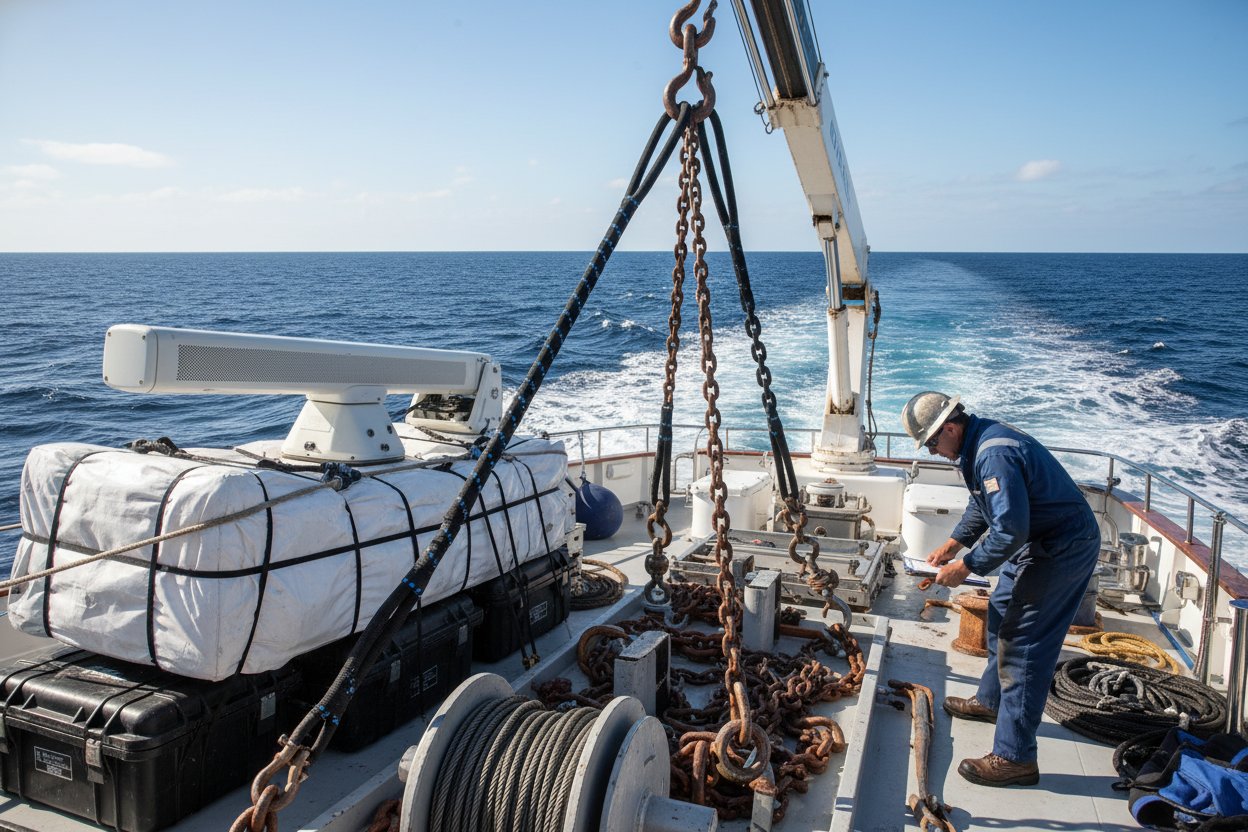 Marine slinging equipment in action on a yacht deck showing synthetic slings securing non-marring loads alongside wire rope and chain options with shackles and hooks in a salty ocean setting under bright sunlight