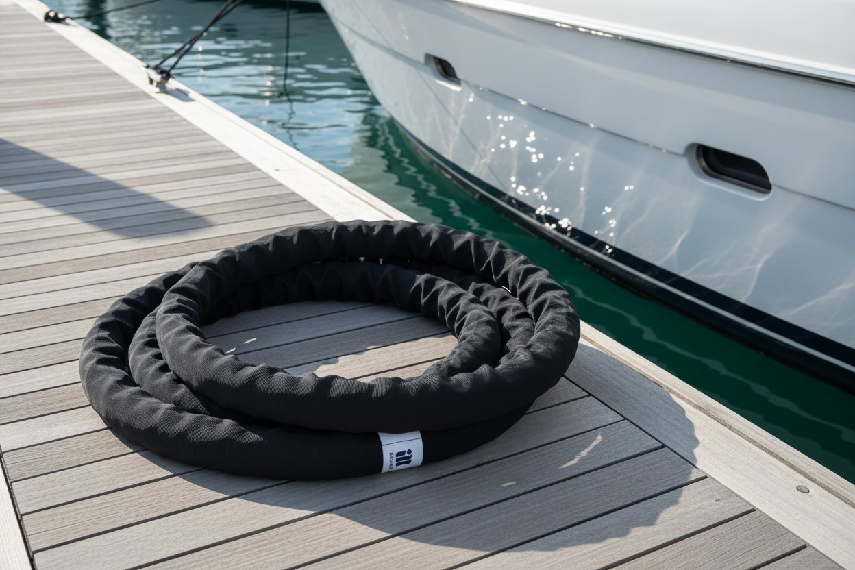 Близький план м'якого круглого стропа з блакитних синтетичних волокон, згорнутого гнучко з гладкою захисною оболонкою, на тлі причалу яхти, що демонструє контакт без пошкоджень з відполірованою поверхнею корпусу