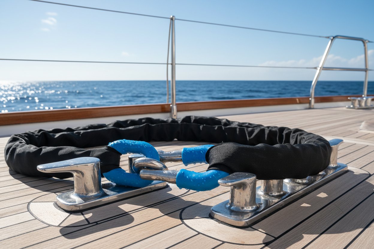 Строп з вкладишем у петлі в дії на палубі яхти, що показує посилений U-подібний вкладиш, який тримає синтетичну петлю мотузка, з'єднану з нержавіючою скобою, з некорозійним пластиковим вкладишем, що захищає від крапель солоної води на відполірованих фітінгах