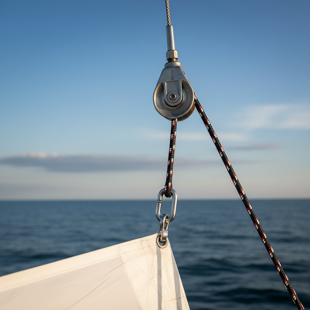 Vista cercana del montante de un velero con componentes de driza, incluyendo polea, fijación de grillete y línea en movimiento contra un cielo azul y horizonte oceánico, mostrando una configuración precisa de aparejo para izadas eficientes de velas.