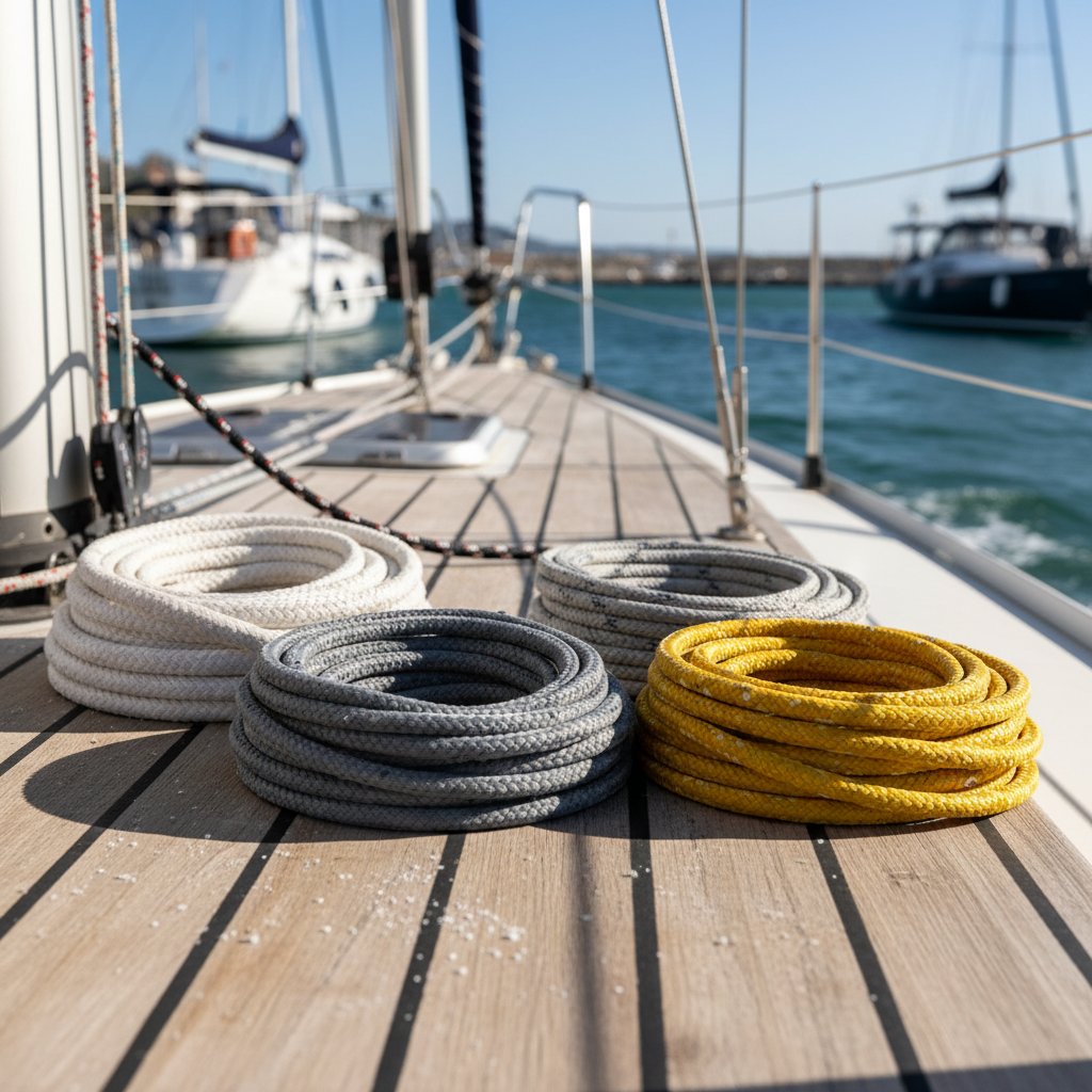 Variadas cuerdas de driza en poliéster, Dyneema y Vectran, enrolladas en una cubierta de madera junto a un mástil de velero, mostrando diferentes trenzas, colores y texturas bajo la luz solar para resaltar diferencias de materiales en la selección de rendimiento.