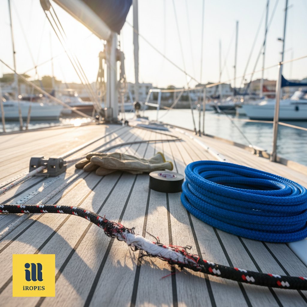 Driza desgastada mostrando cubierta raída y núcleo expuesto en cubierta de velero, junto a un reemplazo fresco de bajo estiramiento enrollado ordenadamente, con herramientas como guantes y cinta cerca bajo luz de puerto, ilustrando señales de desgaste y beneficios de actualización.