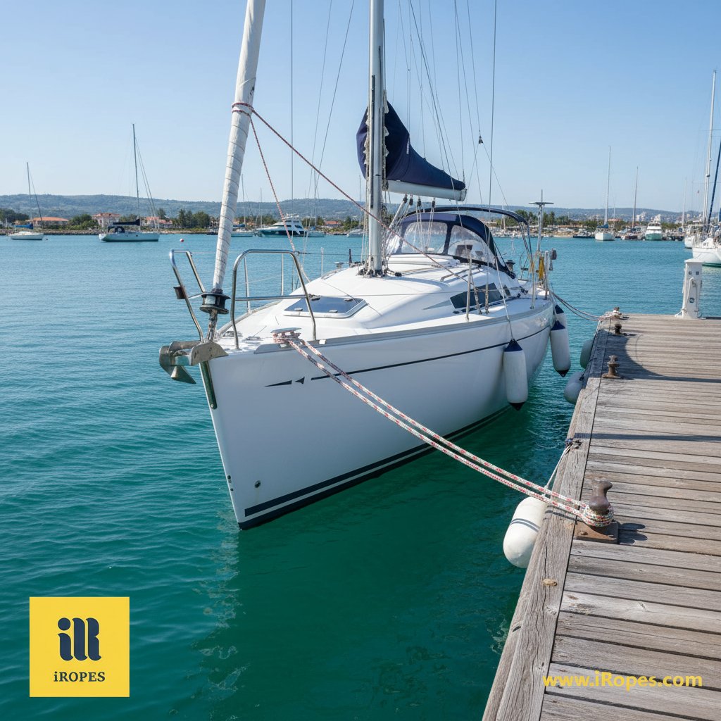 قارب شراعي مثبت إلى رصيف خشبي في مياه الميناء الهادئة، مع حبال الربط مشدودة ووسائد تحمي هيكل السفينة من الاصطدام بالهيكل، تحت سماء زرقاء صافية