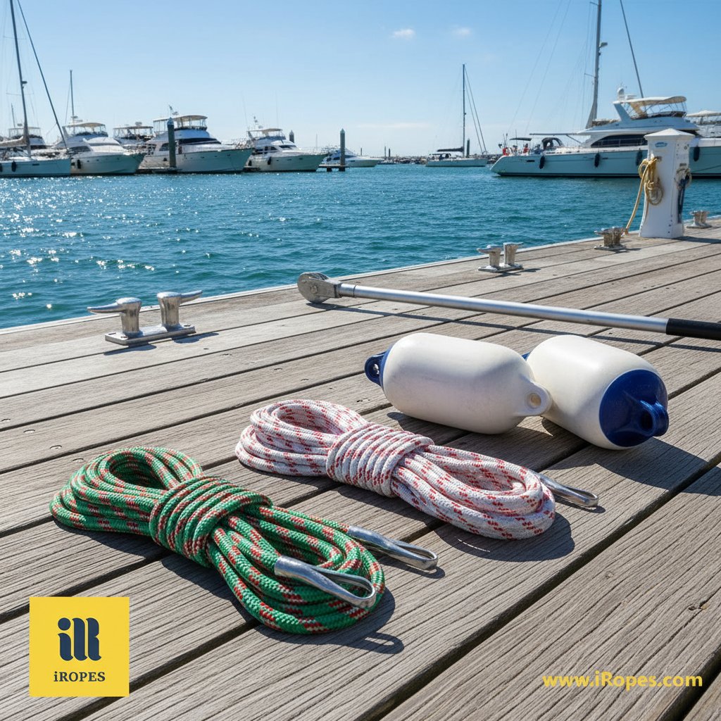 معدات بحرية متنوعة بما في ذلك حبال ربط نايلون مقاومة للأشعة فوق البنفسجية ملفوفة مع حلقات، وسائد قابلة للنفخ باللون الأبيض والأزرق، مسامير فولاذية مصقولة على سطح خشبي، وخطاف قارب قابل للتمديد بجانبه، مرتبة على سطح ميناء مشمس مع إطلالة على المحيط في الخلفية