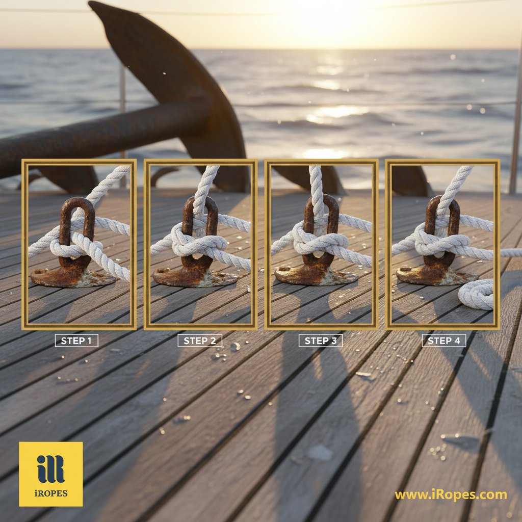 Пошаговая иллюстрация вязания якорного узла нейлоновым тросом к скобе якоря лодки, показывающая проходы рабочего конца, витки и полуштыки в четкой последовательности на морской палубе